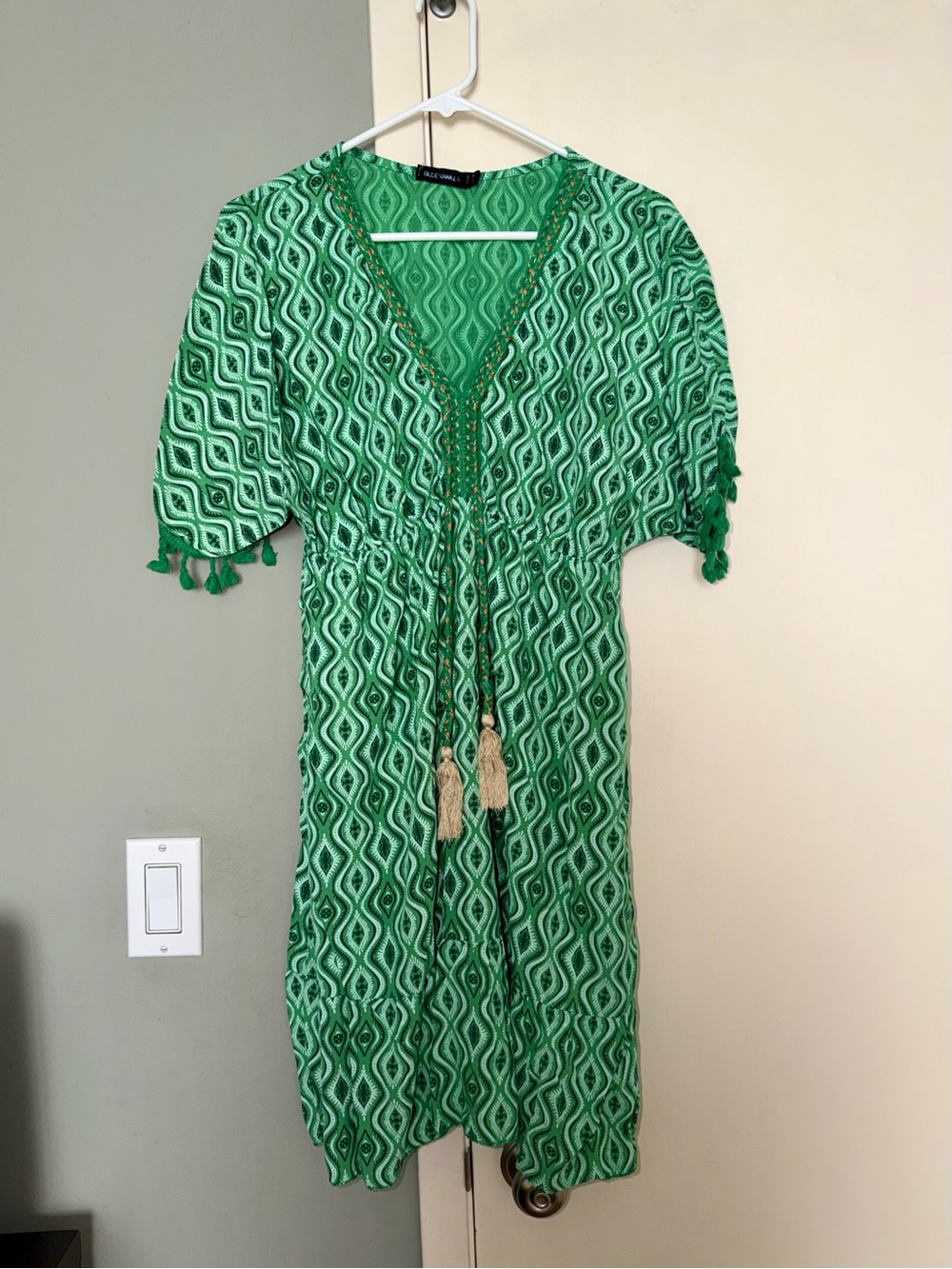 Green Patterned Midi Dress with Tassel Tie